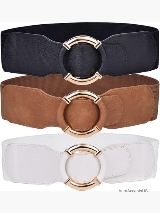 Vintage Elastic Wide Waist PU Leather Cinch Belt with Gold O Buckle main image 3